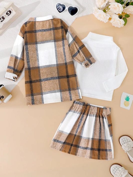 3Pcs Girls' Autumn Set, Solid Color High Neck Knitted Top+Medium to Long Button Checkered Shirt Jacket+Checkered Skirt