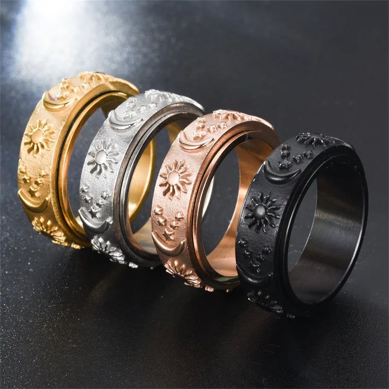 Spinning Anxiety Relaxing Rings For Men Stainless Steel Star And Moon Rotating Fidget Spinner Anti Stress Ring Bague Homme