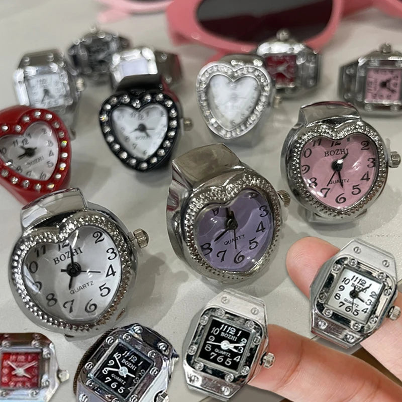 Vintage Punk Finger Watch Mini Elastic Strap Alloy Watches Couple Rings Jewelry Clock Retro Roman Quartz Watch Rings Women Men