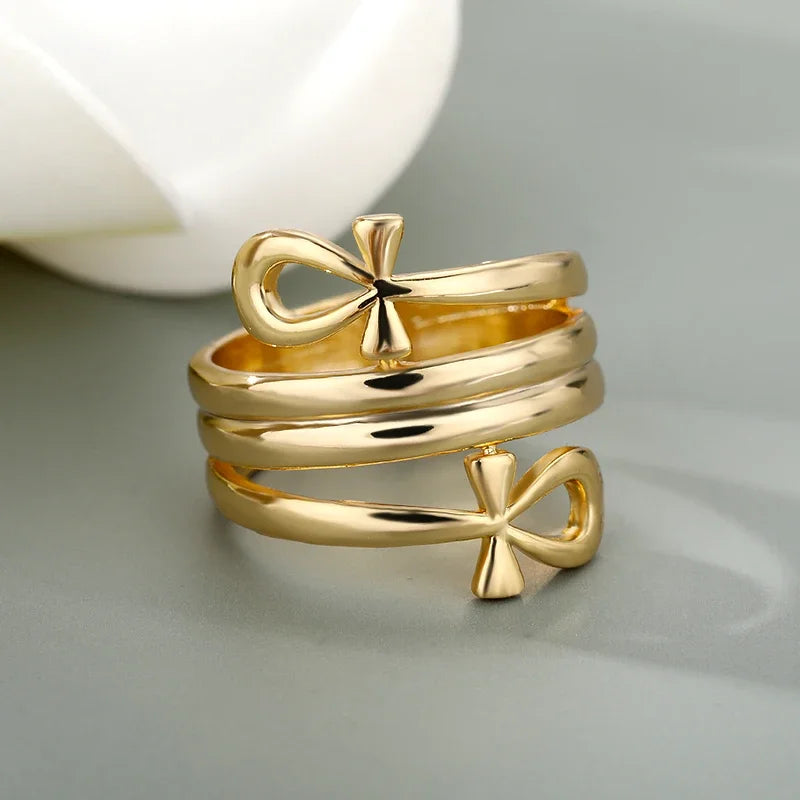 Egyptian Double Coil Ankh Rings - Gold Color Stainless Steel Women's Jewelry, African Egypt Finger Ring for Wedding Party Gift