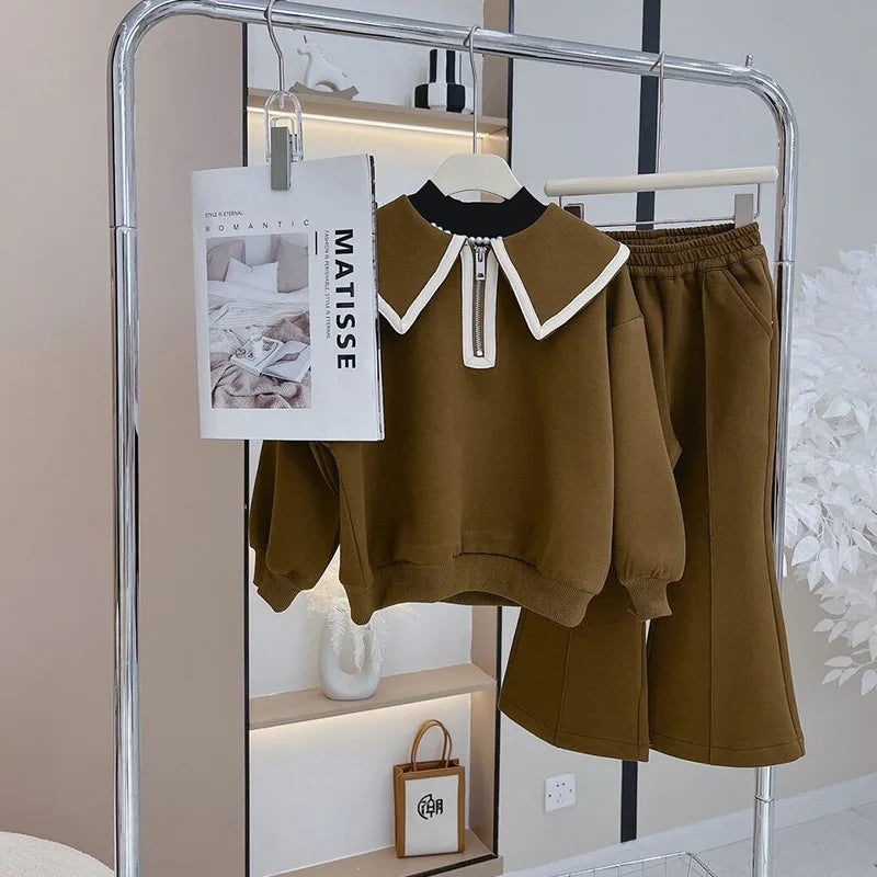 Children's Clothing Sets Lapel Long Sleeve Top + Wide Leg Pants 2 Pcs Sets Kids Boutique Clothes for Girls 3 To 7 Years