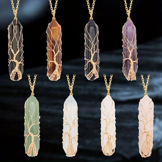 Crystal Tree of Life Necklace Amethyst Obsidian Green Aventurine Handmade Wire Wrapped Jewelry Boho Necklace Gift