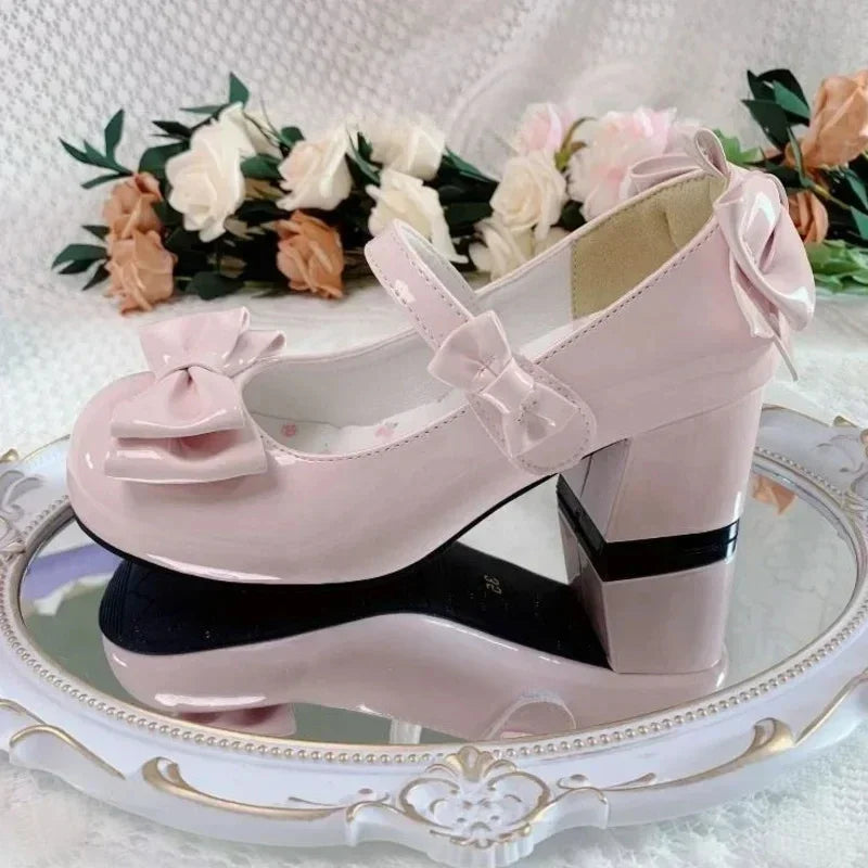 2025Lolita Style Cute Round Head  Jane Pumps With Bow Women's Sweet Party Dress Midi Heels Shoes Fashion PU Sandals
