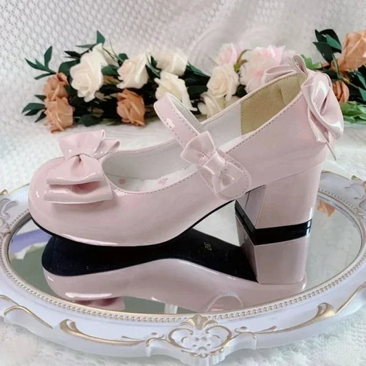 2025Lolita Style Cute Round Head  Jane Pumps With Bow Women's Sweet Party Dress Midi Heels Shoes Fashion PU Sandals