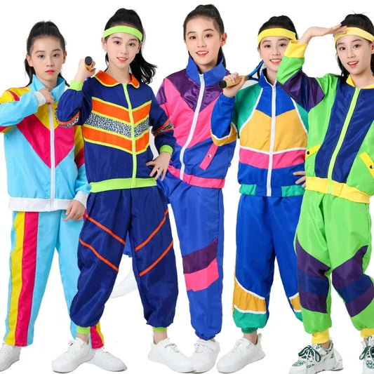 Vintage 70s 80s Tracksuit Boys Girls Fashion Color Blocking Top Pants Scarf Suit Kids Hip Hop Disco Dance Tracksuit Halloween