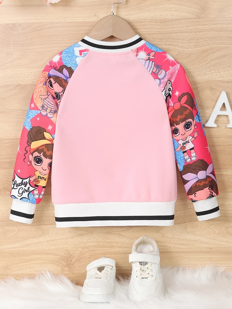 Girls Letter“A” Pattern Cartoon Doll Print Baseball Uniform Jacket, Kids's Spring and Autumn Casual Jacket