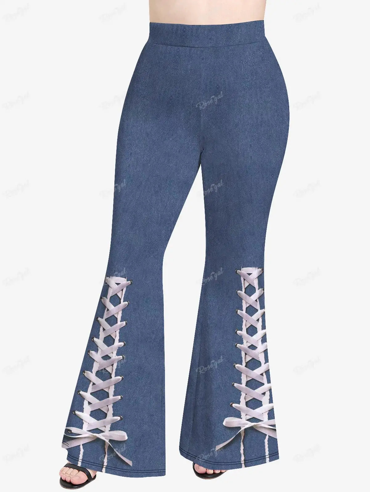 ROSEGAL Plus Size 3D Jeans Print Flare Pants Women Spring,Summer Elastic Waist Casual Trouser Mujer XS-5X Streetwear Bell Bottom