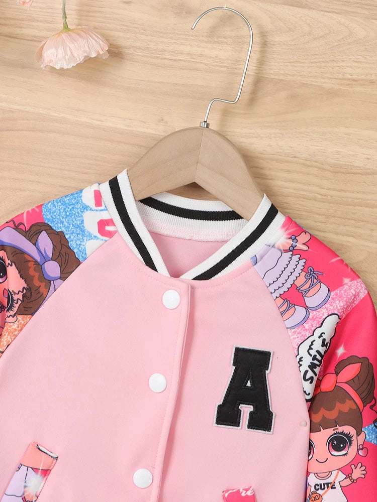 Girls Letter“A” Pattern Cartoon Doll Print Baseball Uniform Jacket, Kids's Spring and Autumn Casual Jacket