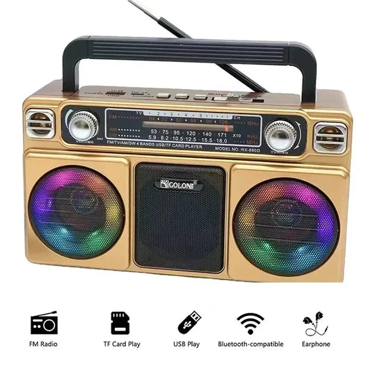RX-880D Portable Wireless Bluetooth Speakers with Disco Light Vintage Multifunction FM TV AM SW 4 Bands Radio U Disk TF Boombox