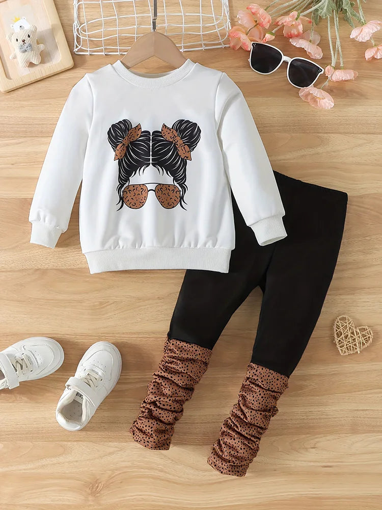2-Piece Set of Girls' Autum Portrait Printed Round Neck Long-Sleeved Sweatshirt Pure Color Splicing Pleated Printed Pants Set