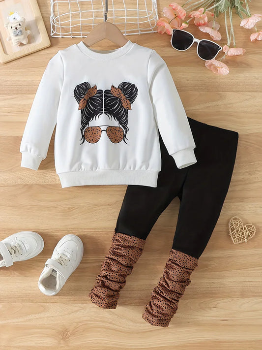 2-Piece Set of Girls' Autum Portrait Printed Round Neck Long-Sleeved Sweatshirt Pure Color Splicing Pleated Printed Pants Set