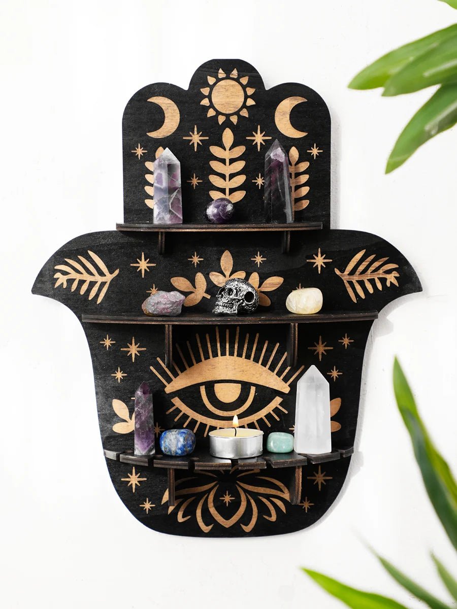 Crystal Wall Shelf Evil Eye Multilayer Crystal Display Stand Hanging Wall Decor Shelves Stone Holder Boho Home Decoration Gift