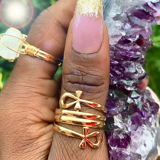 Egyptian Double Coil Ankh Rings - Gold Color Stainless Steel Women's Jewelry, African Egypt Finger Ring for Wedding Party Gift