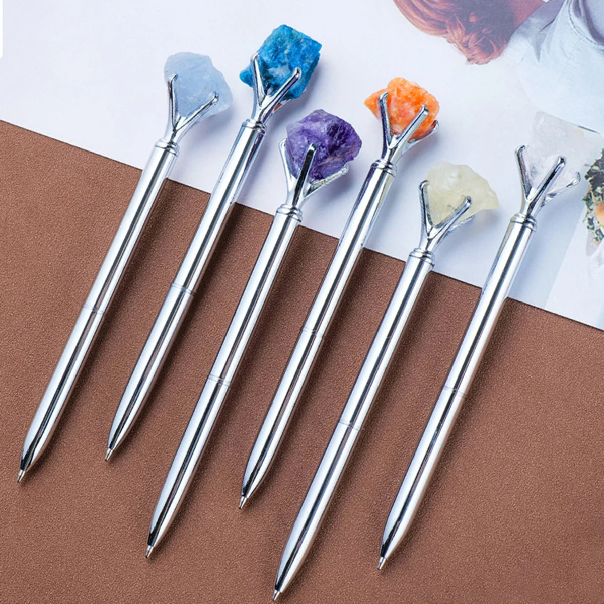 1PC Natural Crystal Original Stone Pen Gift Creative Mineral Specimen Metal Twist Bead Pen Office Business Gifts
