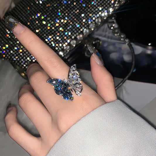Promakepro® New Trendy Fashionable Dark Blue Diamond Butterfly Ring Super Flash Ins Female Temperament Ring Opening Adjustable