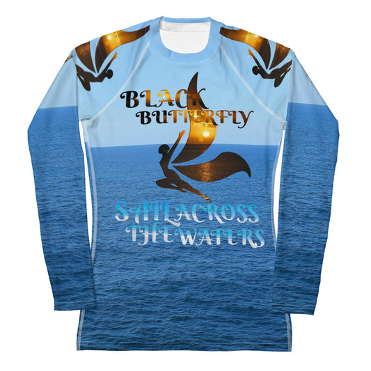 Women's Black Butterfly Baby Blue Rash Guard