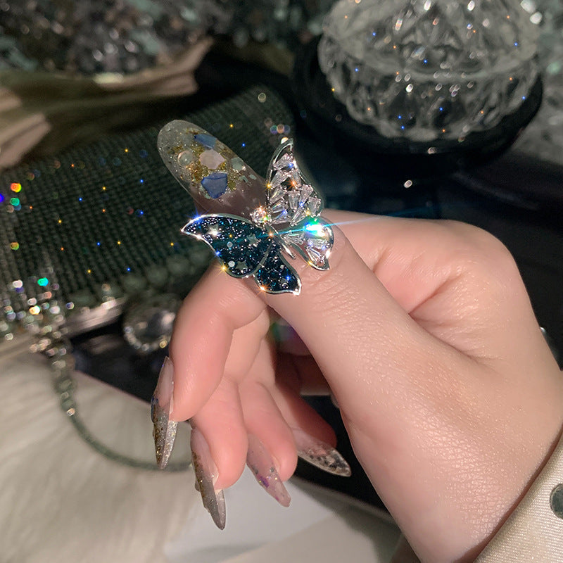Promakepro®  New Trendy Fashionable Dark Blue Diamond Butterfly Ring Super Flash Ins Female Temperament Ring Opening Adjustable